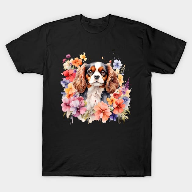 A cavalier king charles spaniel decorated with beautiful watercolor flowers T-Shirt by CreativeSparkzz